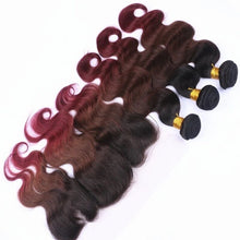 Load image into Gallery viewer, Luxury Brazilian Three Tone Burgundy Red Body Wave Hair Extensions + Frontal
