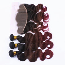 Load image into Gallery viewer, Luxury Brazilian Three Tone Burgundy Red Body Wave Hair Extensions + Frontal
