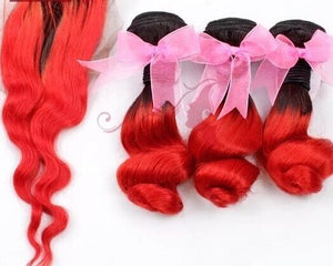 Luxury Loose Wave Brazilian Hot Red Dark Roots Ombre Virgin Human Hair + Closure