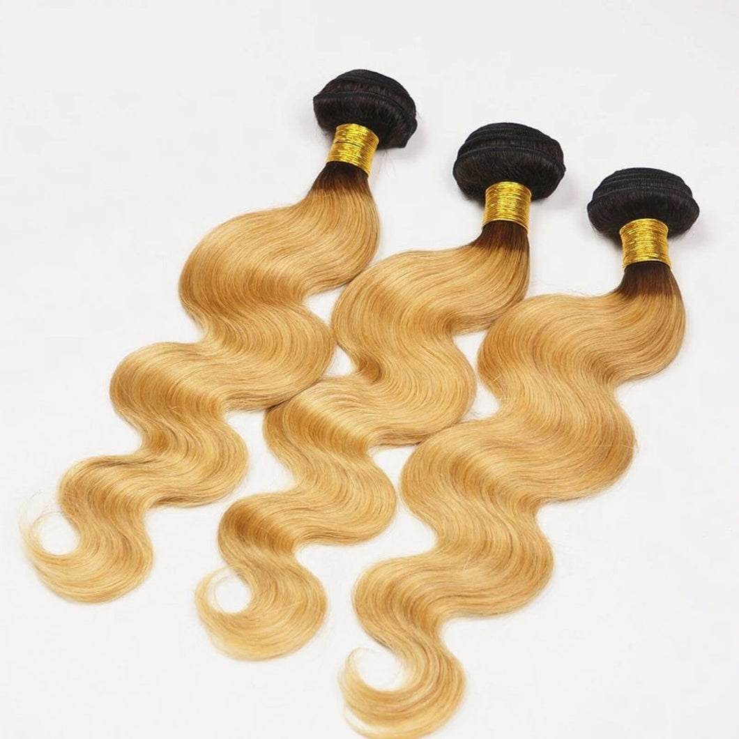 Luxury Dark Roots Peruvian Honey Blonde #27 Body Wave Virgin Hair Extensions