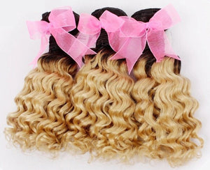 Luxury Deep Wave Brazilian Blonde Dark Roots Ombre Virgin Human Hair + Closure
