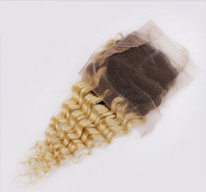 Luxury Deep Wave Brazilian Blonde Dark Roots Ombre Virgin Human Hair + Closure