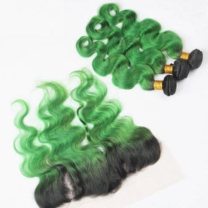 Luxury Brazilian Body Wave Emerald Green Dark Roots Hair Extensions + Frontal