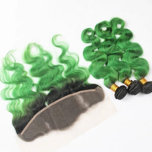 Luxury Brazilian Body Wave Emerald Green Dark Roots Hair Extensions + Frontal