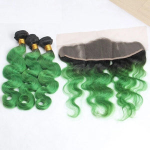 Luxury Brazilian Body Wave Emerald Green Dark Roots Hair Extensions + Frontal