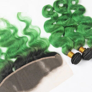 Luxury Brazilian Body Wave Emerald Green Dark Roots Hair Extensions + Frontal