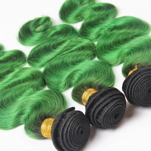 Luxury Brazilian Body Wave Emerald Green Dark Roots Hair Extensions + Frontal