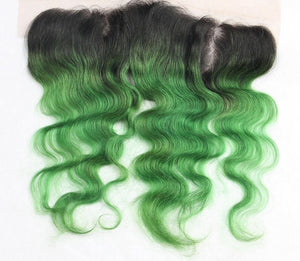 Luxury Brazilian Body Wave Emerald Green Dark Roots Hair Extensions + Frontal