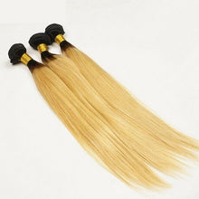 Load image into Gallery viewer, Luxury Dark Roots Brazilian Honey Blonde #27 Straight Virgin Hair Extensions
