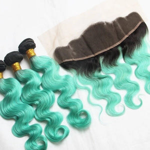 Luxury Brazilian Body Wave Mint Green Dark Roots Hair Extensions + 13x4 Frontal