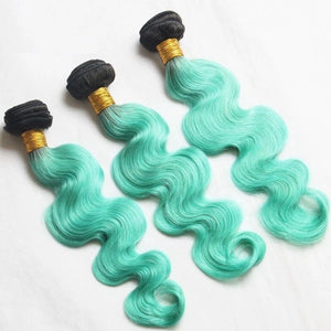 Luxury Brazilian Body Wave Mint Green Dark Roots Hair Extensions + 13x4 Frontal