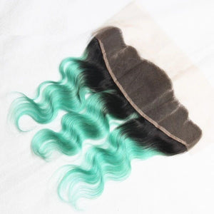 Luxury Brazilian Body Wave Mint Green Dark Roots Hair Extensions + 13x4 Frontal