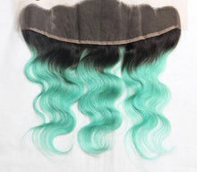 Load image into Gallery viewer, Luxury Brazilian Body Wave Mint Green Dark Roots Hair Extensions + 13x4 Frontal
