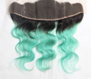 Luxury Brazilian Body Wave Mint Green Dark Roots Hair Extensions + 13x4 Frontal