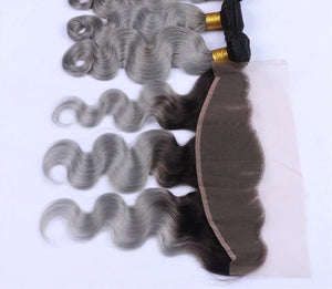Luxury Brazilian Body Wave Grey Silver Dark Roots Hair Extensions + 13x4 Frontal