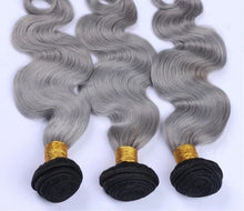 Load image into Gallery viewer, Luxury Brazilian Body Wave Grey Silver Dark Roots Hair Extensions + 13x4 Frontal
