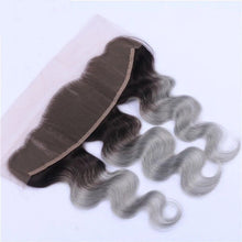 Load image into Gallery viewer, Luxury Brazilian Body Wave Grey Silver Dark Roots Hair Extensions + 13x4 Frontal
