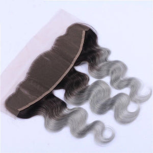 Luxury Brazilian Body Wave Grey Silver Dark Roots Hair Extensions + 13x4 Frontal