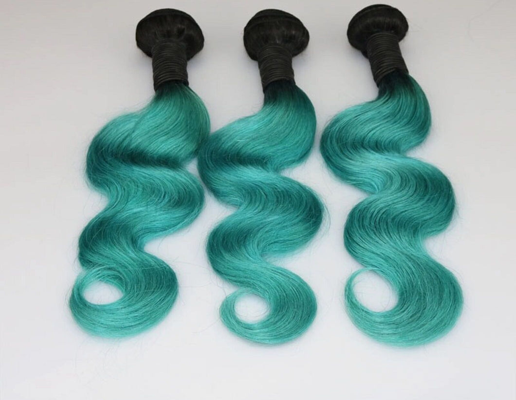 Luxury Body Wave Brazilian Teal Green Ombre Virgin Human Hair Extensions 7A