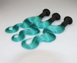 Luxury Body Wave Brazilian Teal Green Ombre Virgin Human Hair Extensions 7A