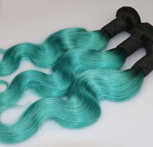 Luxury Body Wave Brazilian Teal Green Ombre Virgin Human Hair Extensions 7A