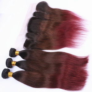 Luxury Brazilian Three Tone Burgundy Red Straight Hair Extensions + Frontal