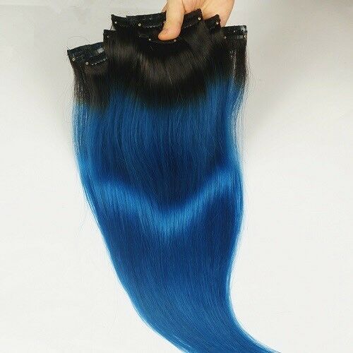 Luxury Clip In Human Hair Extensions #1B/Royal Blue Remy Ombre 7pcs 120g