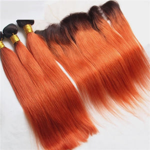 Luxury Brazilian Straight Orange Red #350 Dark Roots Hair Extensions + Frontal