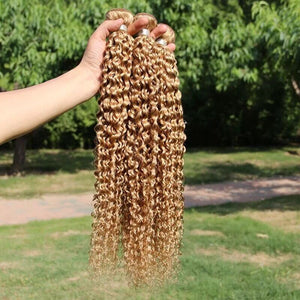 Luxury Honey Blonde #27 Curly Peruvian Virgin Human Hair Extensions Weave Weft