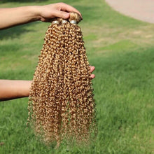 Load image into Gallery viewer, Luxury Honey Blonde #27 Curly Brazilian Virgin Human Hair Extensions Weave Weft
