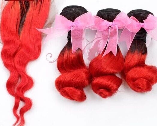 Luxury Loose Wave Peruvian Hot Red Dark Roots Ombre Virgin Human Hair + Closure