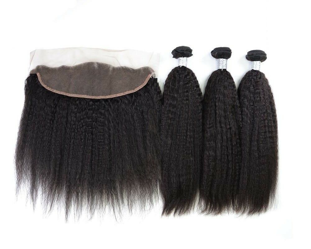 Luxury Peruvian Kinky Straight Human Virgin Hair Extensions + 13x4 13x4 Lace Frontal
