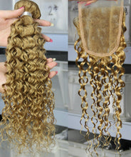 Load image into Gallery viewer, Luxury Brazilian Honey Blonde Kinky Curly Human Hair Extensions + 4x4 Closure
