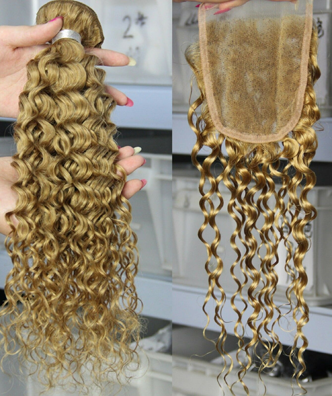 Luxury Brazilian Honey Blonde Kinky Curly Human Hair Extensions + 4x4 Closure