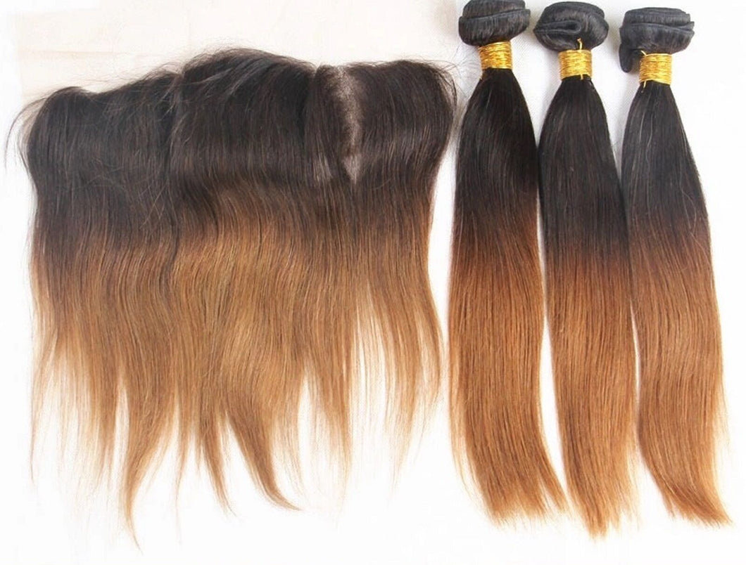 Luxury Brazilian Two Tone Ombre Auburn #30 Straight Hair Extensions + Frontal