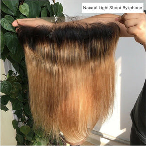 Luxury Silky Straight Peruvian Honey Blonde #27 Dark Roots 13x4 Lace Frontal 13x4 10A
