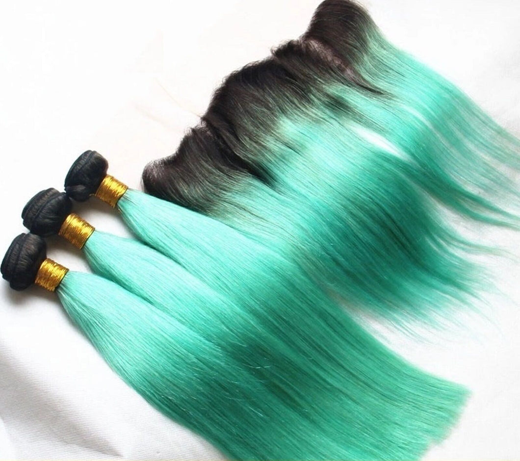 Luxury Brazilian Straight Mint Green Dark Roots Hair Extensions + 13x4 Frontal