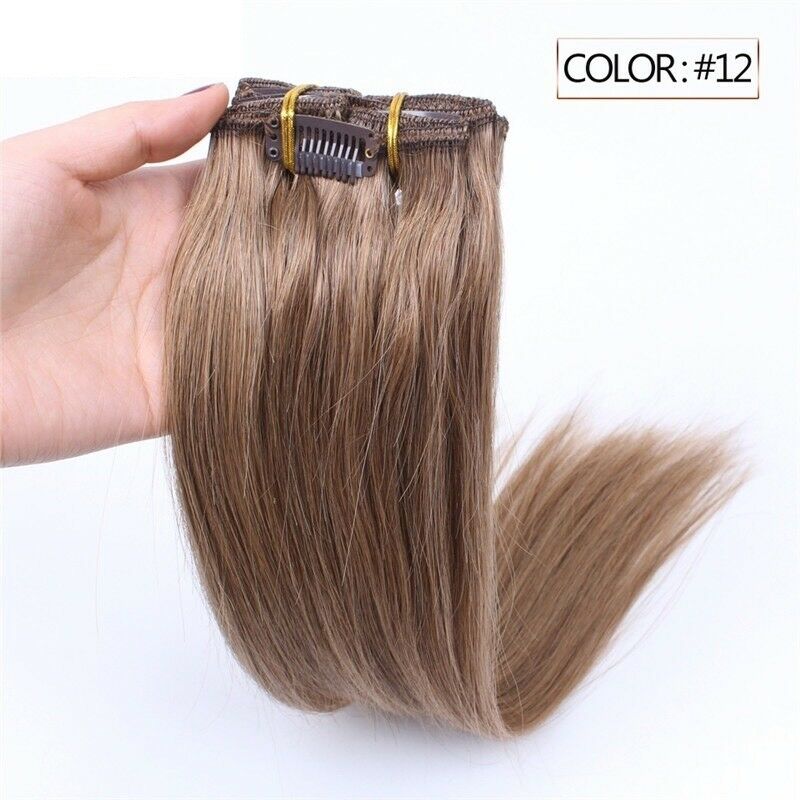 Luxury Clip In Human Hair Extensions #12 Golden Brown Remy Straight 7pcs 100g
