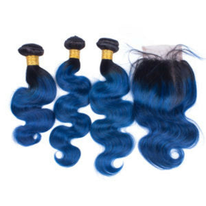 Luxury Brazilian #1B/Blue Body Wave Human Hair Extensions + 4x4 Closure
