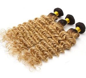 Luxury Dark Roots Peruvian Honey Blonde Deep Wave Virgin Human Hair Extensions