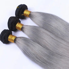 Load image into Gallery viewer, Luxury Brazilian Straight Grey Silver Dark Roots Hair Extensions + 13x4 Frontal
