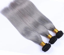 Load image into Gallery viewer, Luxury Brazilian Straight Grey Silver Dark Roots Hair Extensions + 13x4 Frontal

