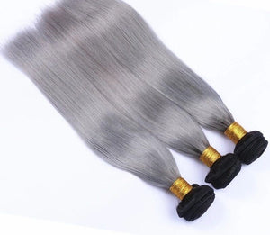 Luxury Brazilian Straight Grey Silver Dark Roots Hair Extensions + 13x4 Frontal