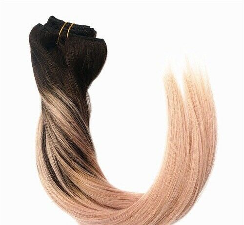 Luxury Clip In Human Hair Extensions Balayage #2/Rose Gold Remy Ombre 120g