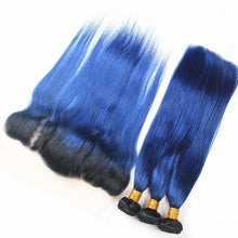 Load image into Gallery viewer, Luxury Brazilian Straight Royal Blue Dark Roots Hair Extensions + 13x4 Frontal
