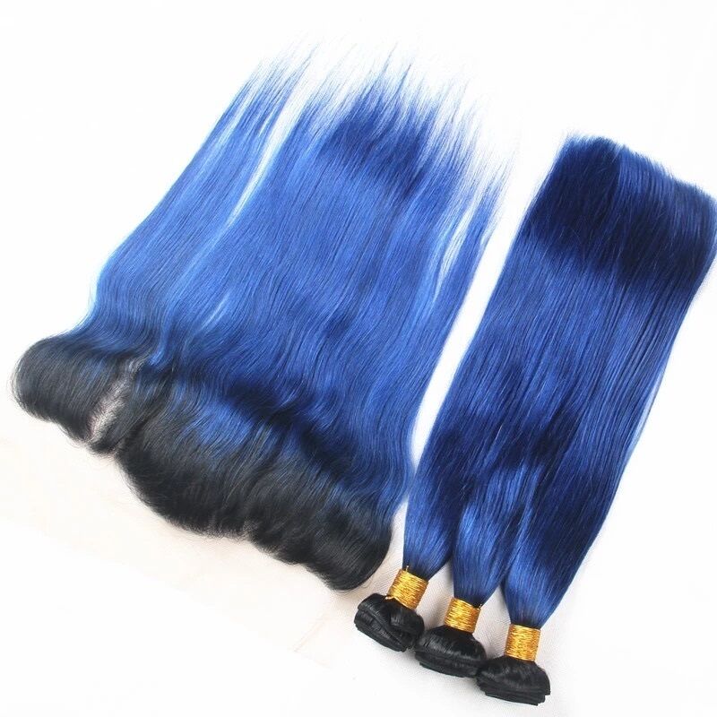 Luxury Brazilian Straight Royal Blue Dark Roots Hair Extensions + 13x4 Frontal