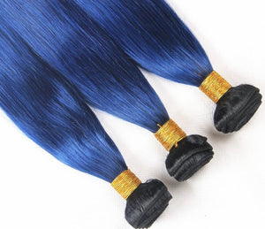 Luxury Brazilian Straight Royal Blue Dark Roots Hair Extensions + 13x4 Frontal