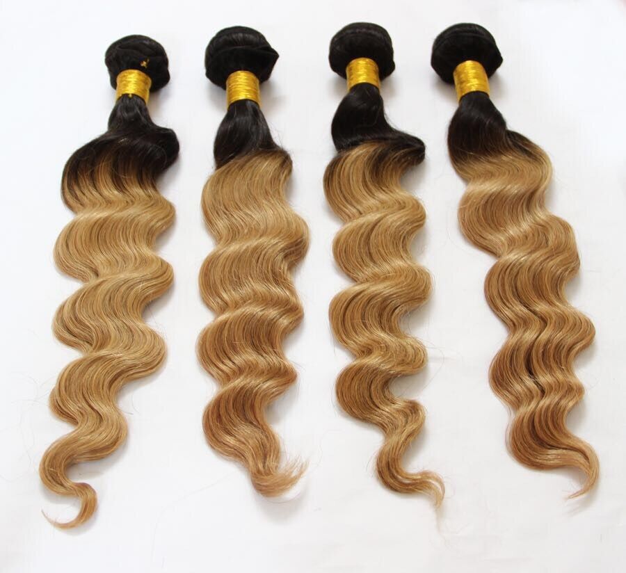 Luxury Dark Roots Peruvian Honey Blonde #27 Loose Wave Virgin Hair Extensions