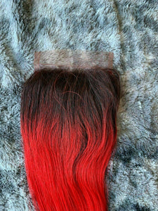 MEGASALE Brazilian 12" Ombre Hot Red Human Hair Silky Straight Bright Closure