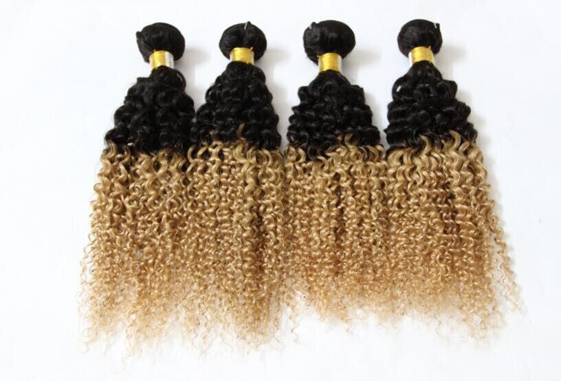 Luxury Kinky Curly Brazilian Honey Blonde #27 Ombre Virgin Human Hair Extensions